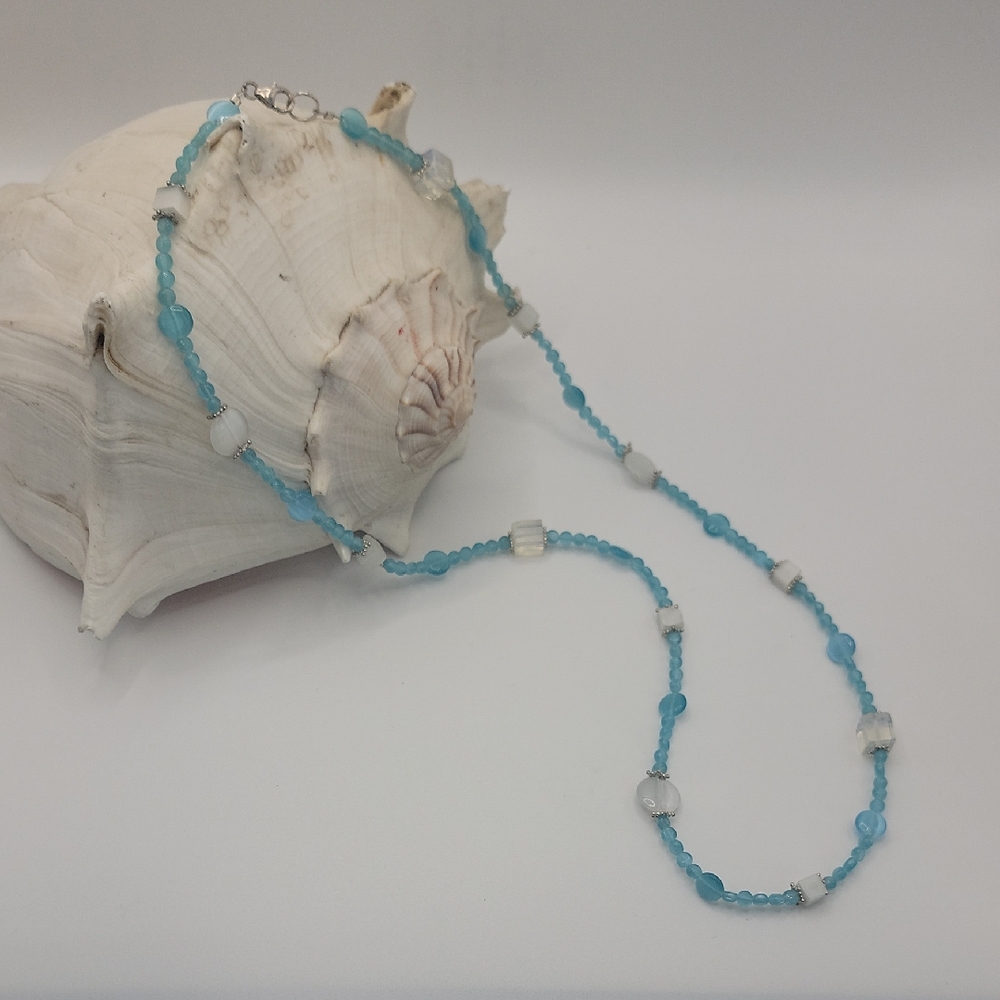 Handmade Beaded Necklace Aqua Blue and Clear Beads & Silver Spacers Length 27"